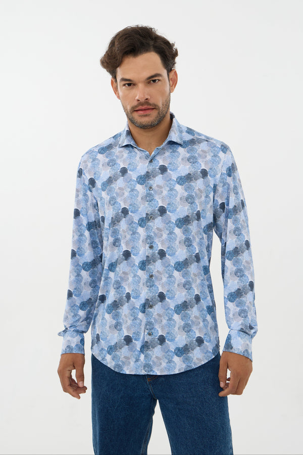 Leo Chevalier Iconic Stretch Blue Mix Print Shirt