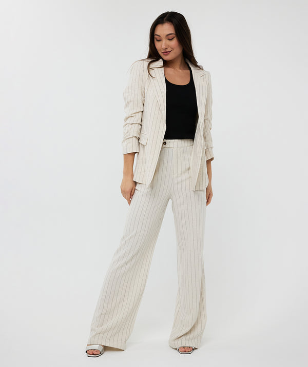 EsQualo Striped Linen Blazer With Gathered Sleeve