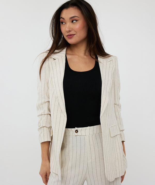 EsQualo Striped Linen Blazer With Gathered Sleeve