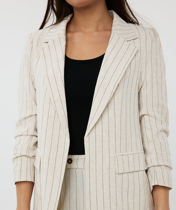 EsQualo Striped Linen Blazer With Gathered Sleeve