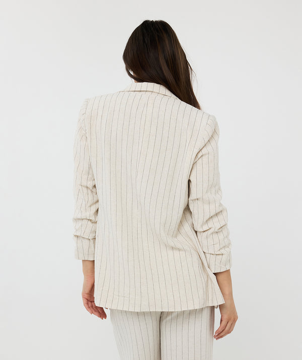 EsQualo Striped Linen Blazer With Gathered Sleeve