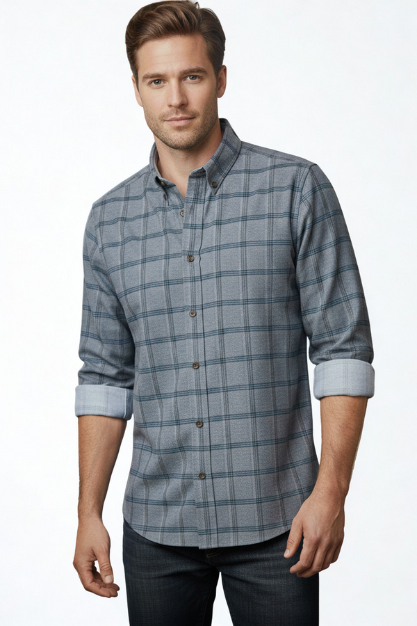 Leo Chevalier Brushed Cotton Denim Check Long Sleeve Shirt