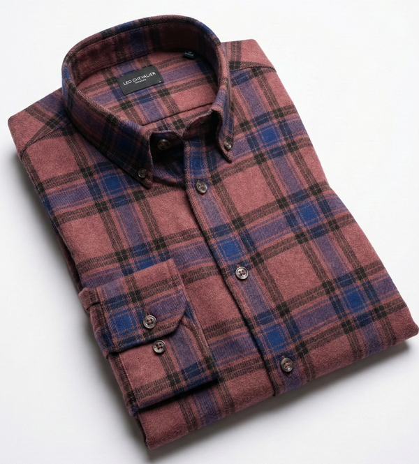 Chemise en flanelle de coton brossé pour homme, couleur vieux rose