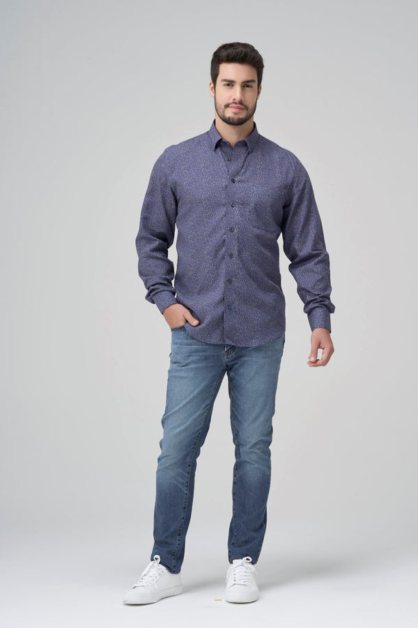 Chemise imprimée à feuilles bleues sans repassage Leo Chevalier