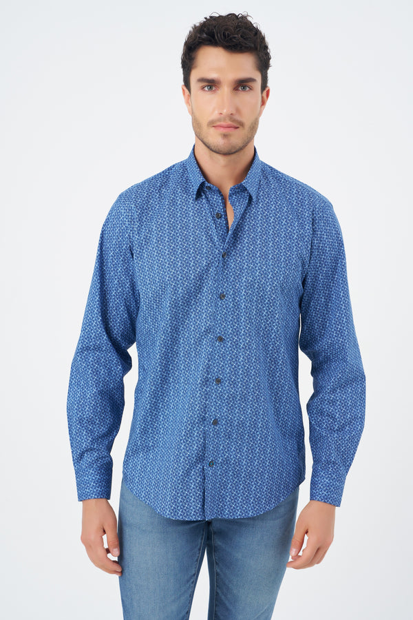 Leo Chevalier 100% Cotton Non-Iron Blue Triangle Print Shirt