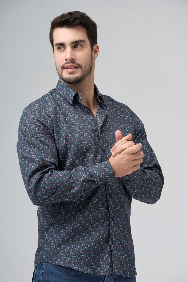 Navy Multi Flower Print 100% Cotton Non-Iron Shirt