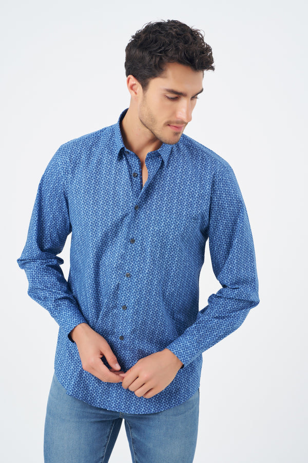 Leo Chevalier 100% Cotton Non-Iron Blue Triangle Print Shirt