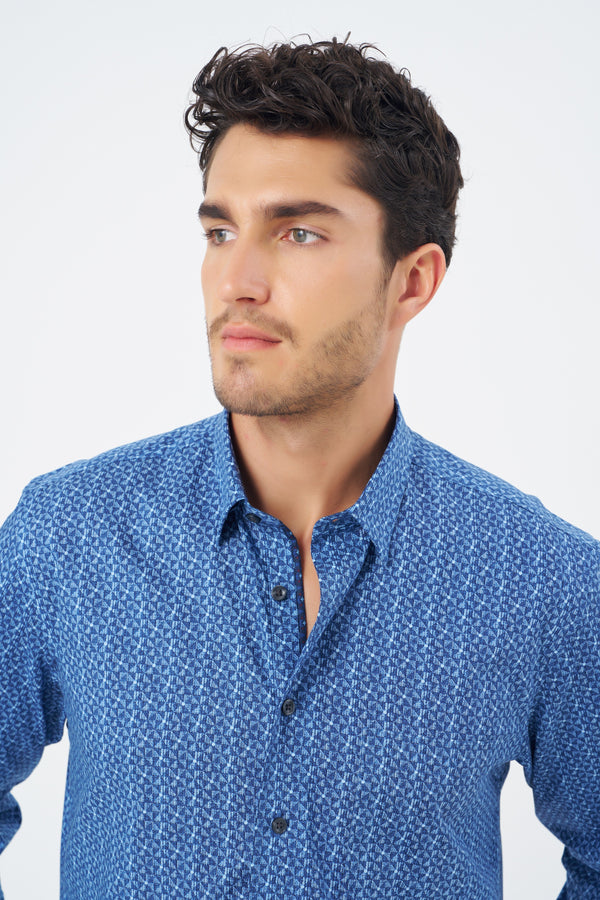 Leo Chevalier 100% Cotton Non-Iron Blue Triangle Print Shirt