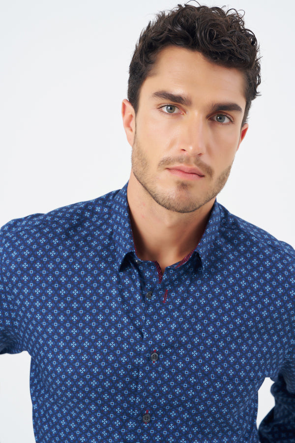 Leo Chevalier Navy Circle and Square Print Non Iron Shirt