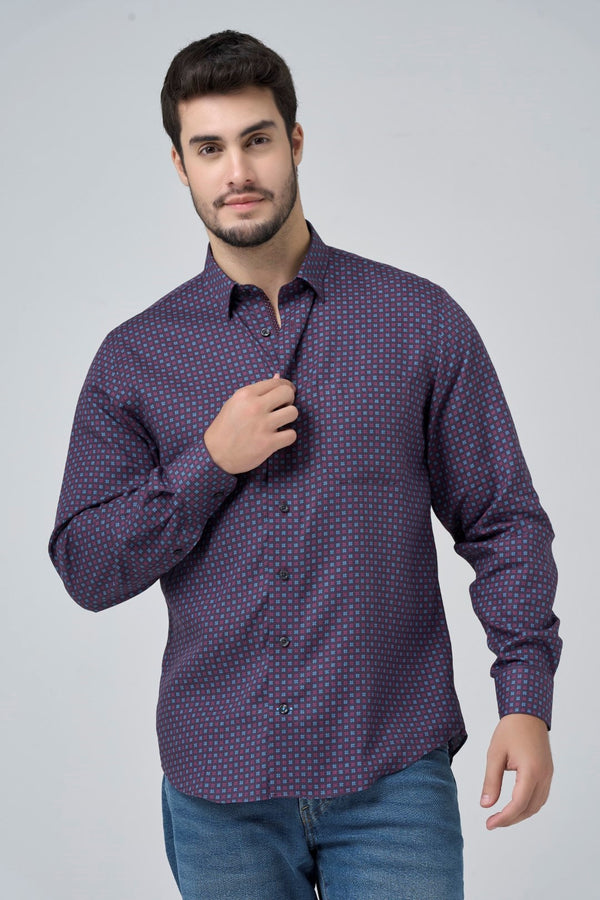 Chemise Leo Chevalier rouge et bleue imprimée 100 % coton infroissable