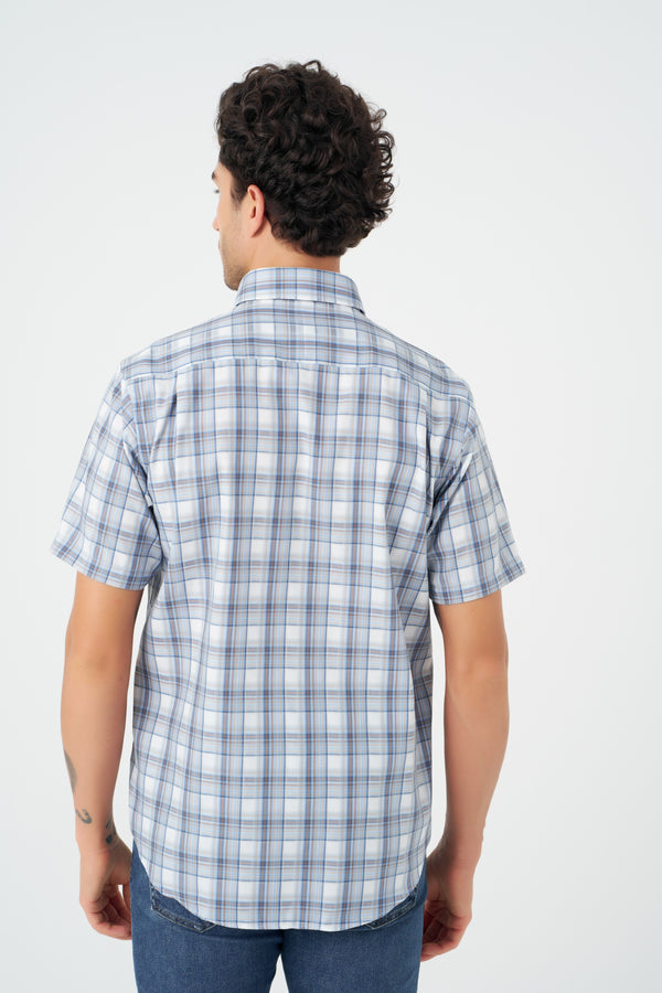 Chemise sans repassage à carreaux bleus et beiges Leo Chevalier