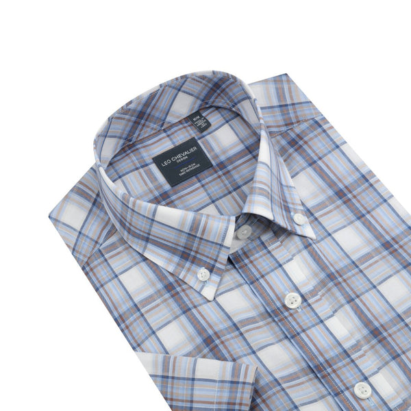 Chemise sans repassage à carreaux bleus et beiges Leo Chevalier