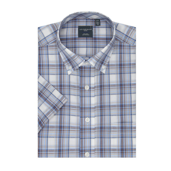 Chemise sans repassage à carreaux bleus et beiges Leo Chevalier