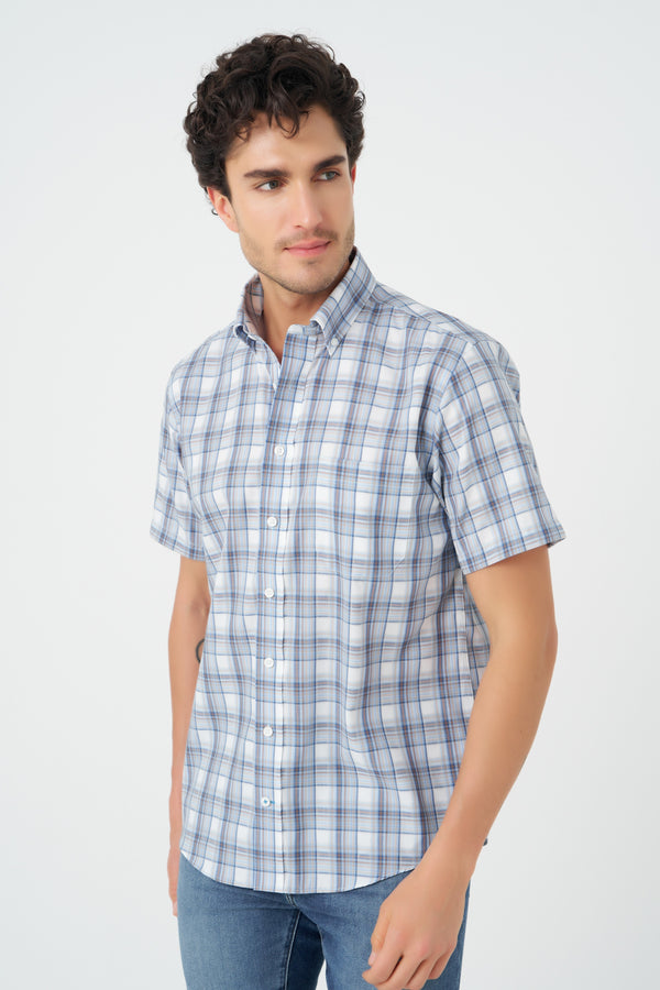 Chemise sans repassage à carreaux bleus et beiges Leo Chevalier