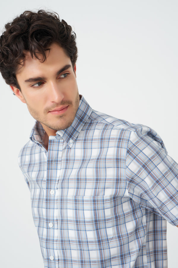 Chemise sans repassage à carreaux bleus et beiges Leo Chevalier