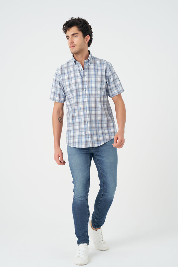 Chemise sans repassage à carreaux bleus et beiges Leo Chevalier