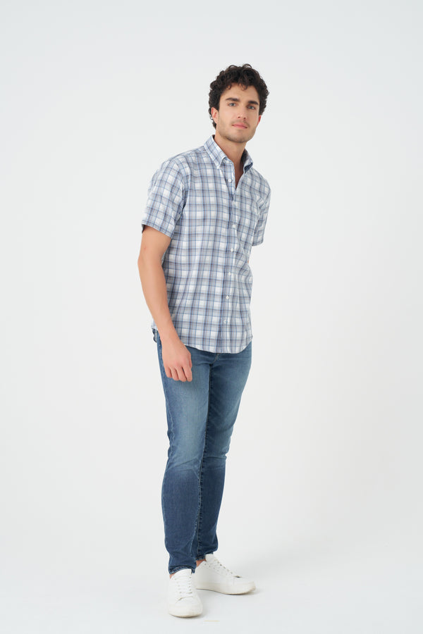 Chemise sans repassage à carreaux bleus et beiges Leo Chevalier