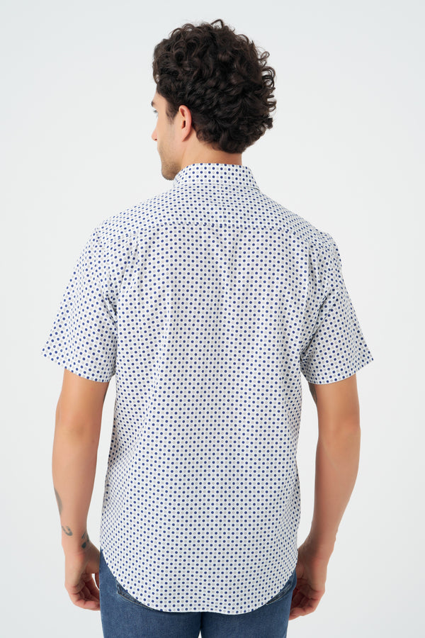 Chemise à pois beige et bleu sans repassage Leo Chevalier