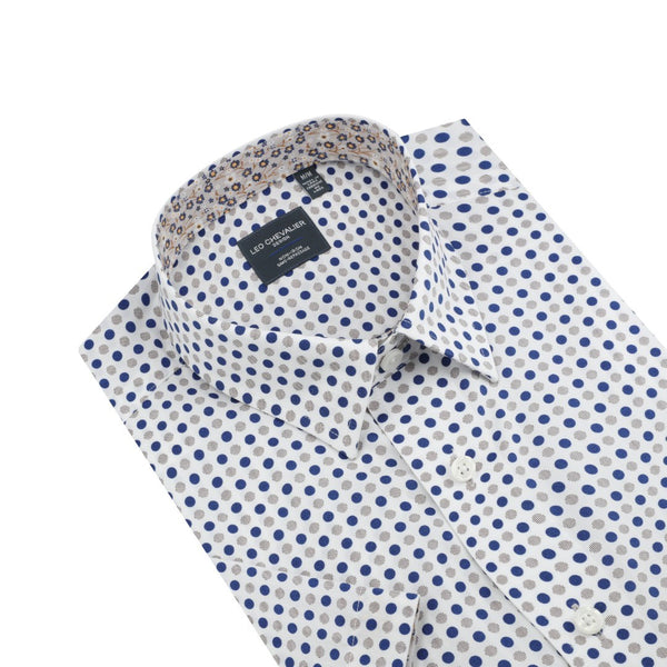 Chemise à pois beige et bleu sans repassage Leo Chevalier