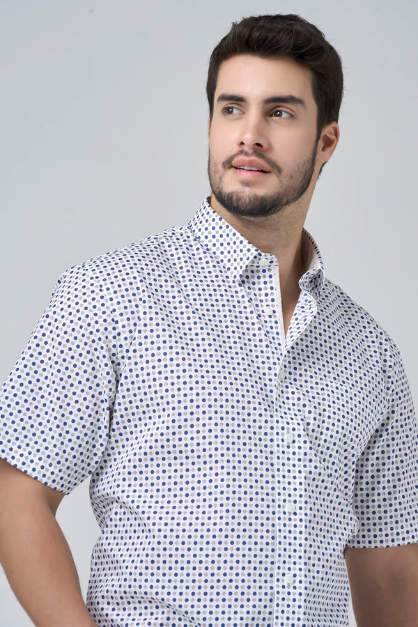 Chemise à pois beige et bleu sans repassage Leo Chevalier