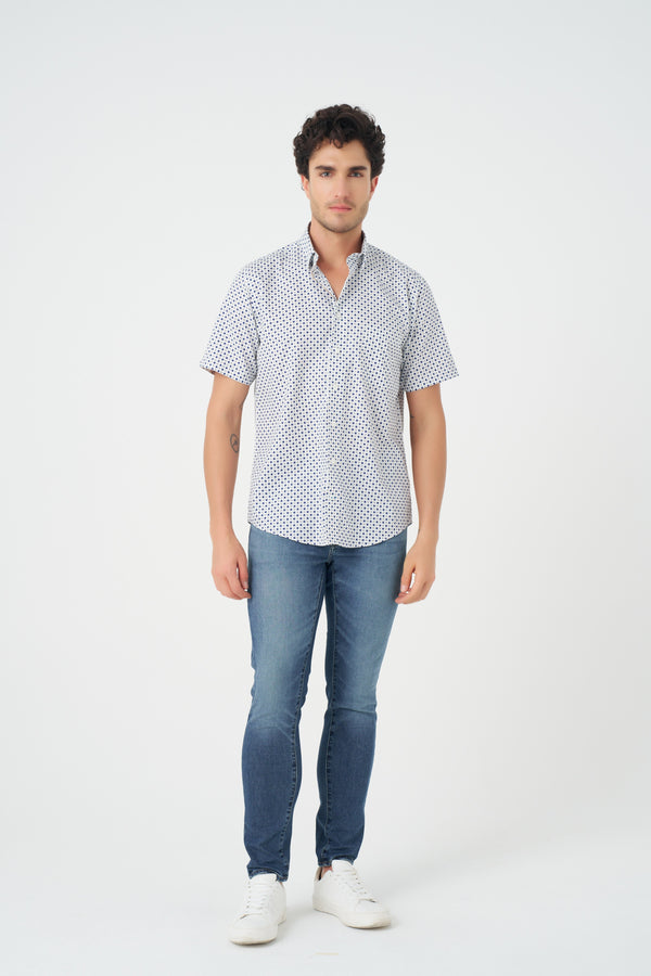 Chemise à pois beige et bleu sans repassage Leo Chevalier