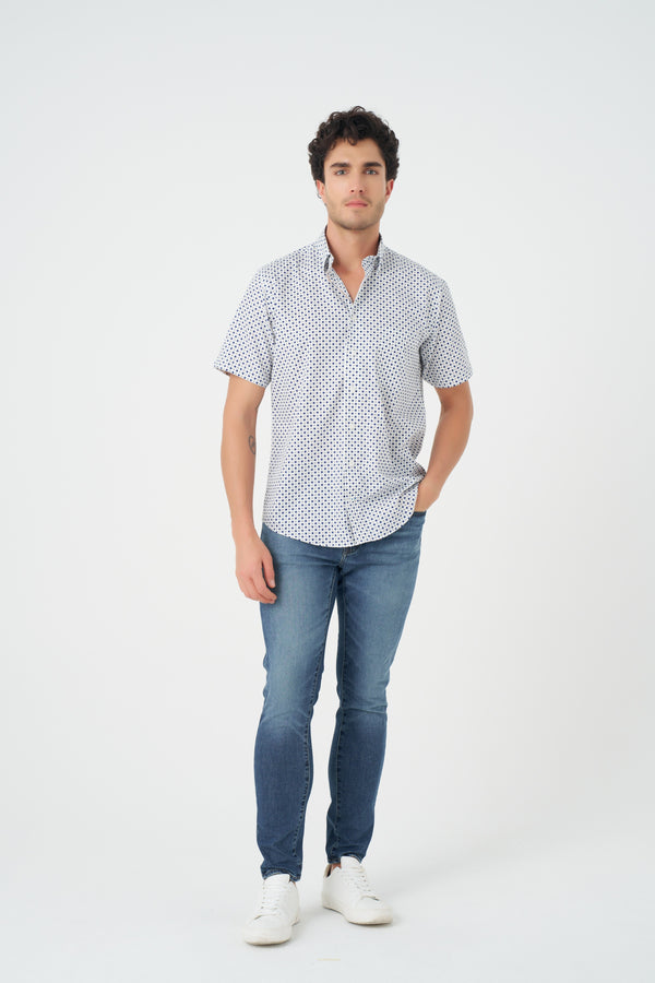 Chemise à pois beige et bleu sans repassage Leo Chevalier