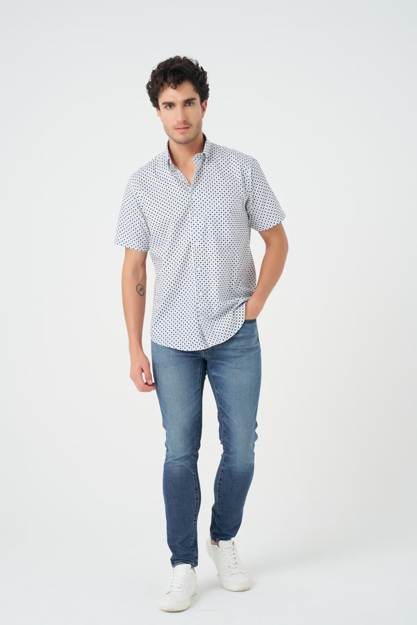 Chemise à pois beige et bleu sans repassage Leo Chevalier