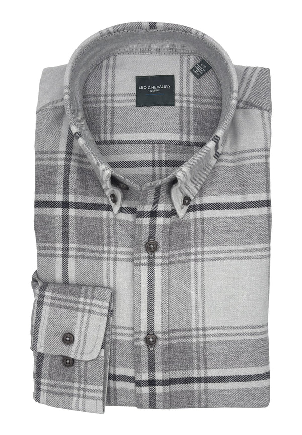 Leo Chevalier Brushed Cotton Large Grey Plaid Long Sleeve Shirt