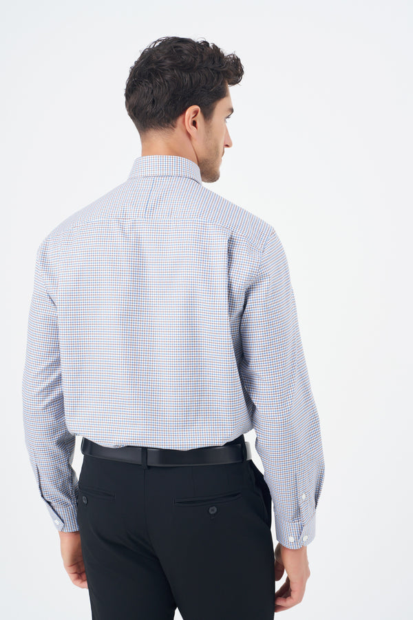 Leo Chevalier Non Iron Blue and Brown Check Dress Shirt with Stretch