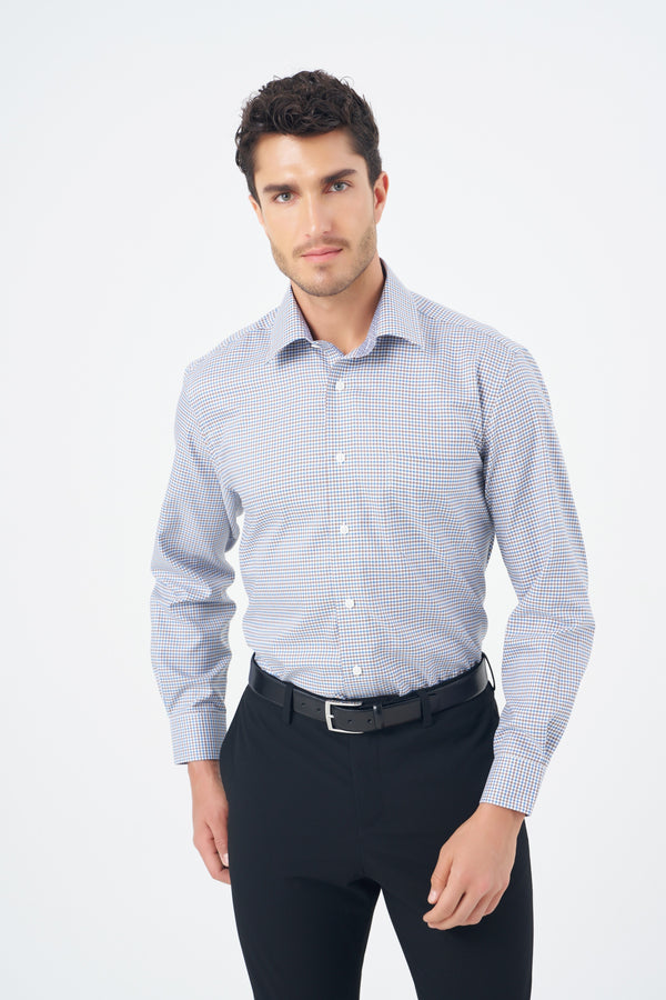Leo Chevalier Non Iron Blue and Brown Check Dress Shirt with Stretch