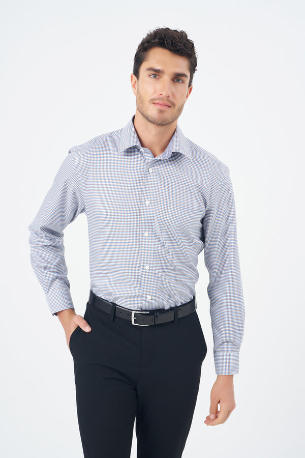 Leo Chevalier Non Iron Blue and Brown Check Dress Shirt with Stretch