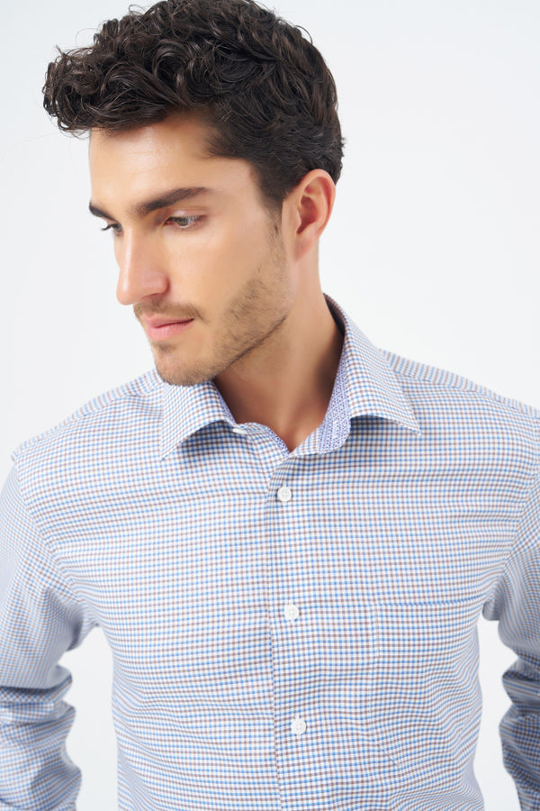 Leo Chevalier Non Iron Blue and Brown Check Dress Shirt with Stretch