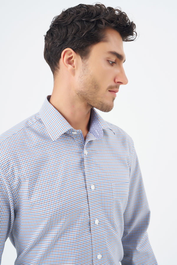 Leo Chevalier Non Iron Blue and Brown Check Dress Shirt with Stretch