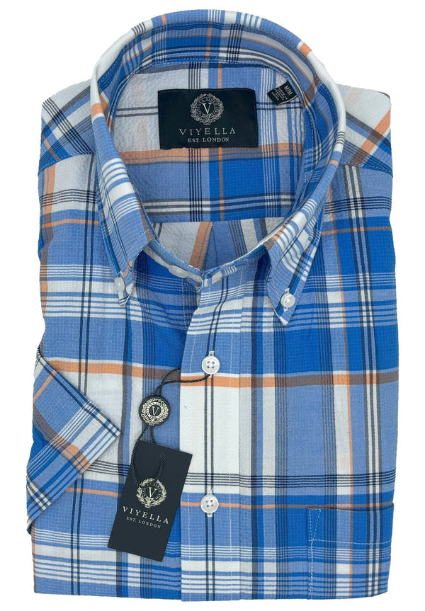 Chemise boutonnée Viyella bleue et orange en seersucker à manches courtes