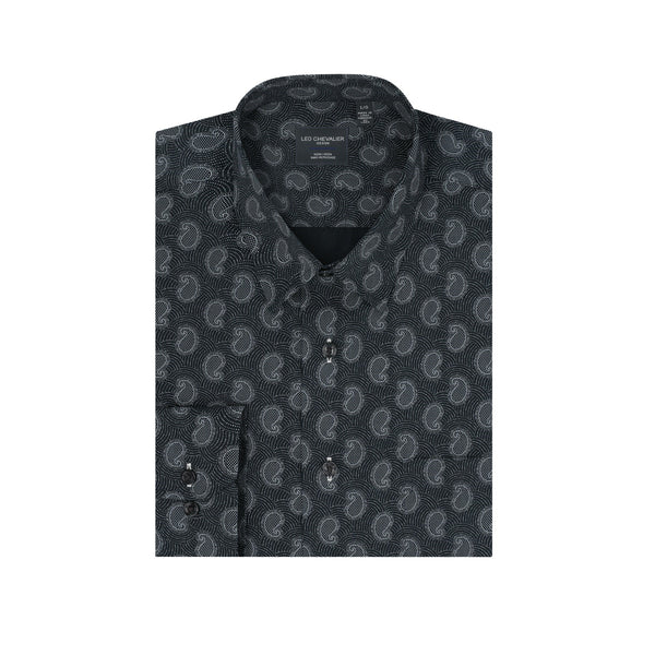 Leo Chevalier Black Grey Paisley Print Non-Iron Hidden Button Down Collar Sport Shirt