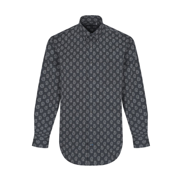 Leo Chevalier Black Grey Paisley Print Non-Iron Hidden Button Down Collar Sport Shirt