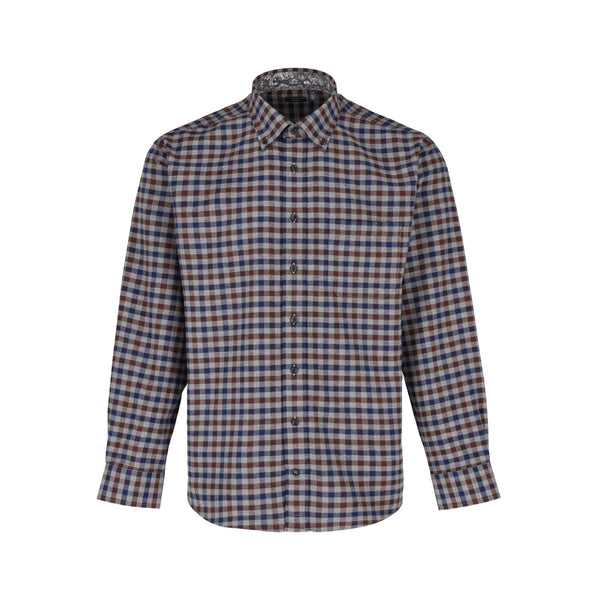 Leo Chevalier Blue and Burgundy Brushed Cotton Check Non-Iron Button Down Collar Sport Shirt