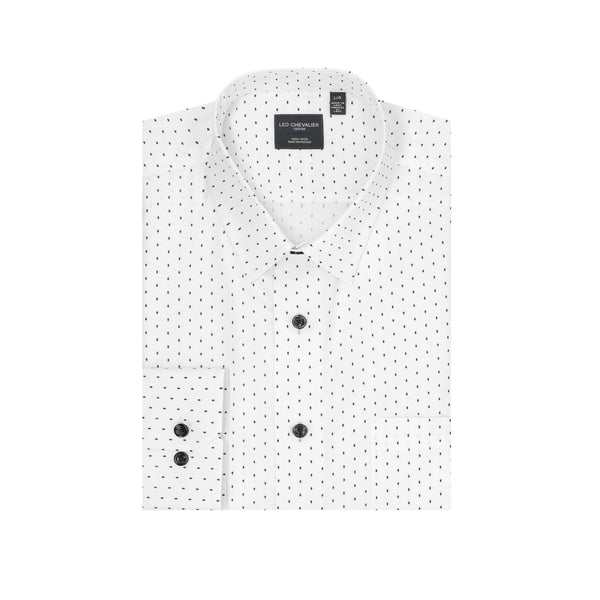 Leo Chevalier Chemise de sport blanche unie avec imprimé diamant noir, sans repassage, col boutonné caché