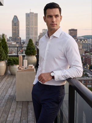 Man in a white shirt standing on a rooftop deck with city skyline in the background