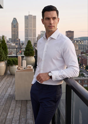 Man in a white shirt standing on a rooftop deck with city skyline in the background