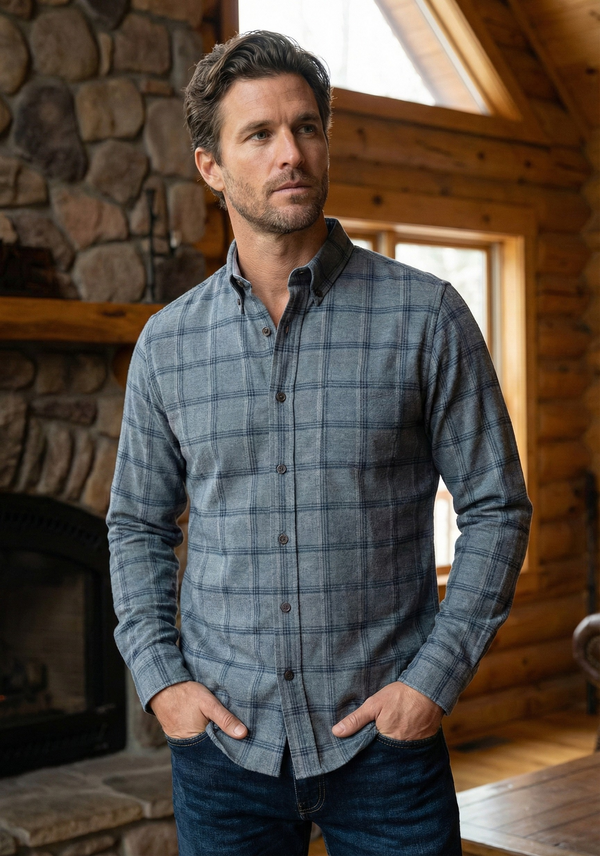 Leo Chevalier Brushed Cotton Denim Check Long Sleeve Shirt