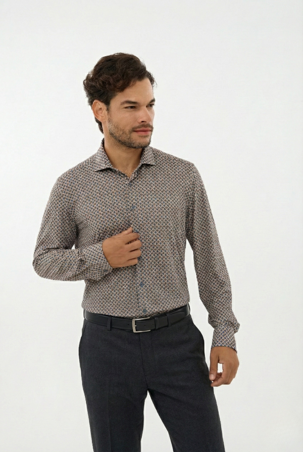 Leo Chevalier Iconic Stretch Brown Diamond Print Shirt