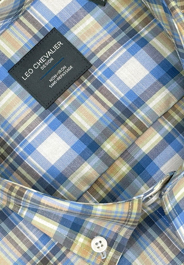 Chemise à carreaux bleu aqua, sans repassage, col boutonné