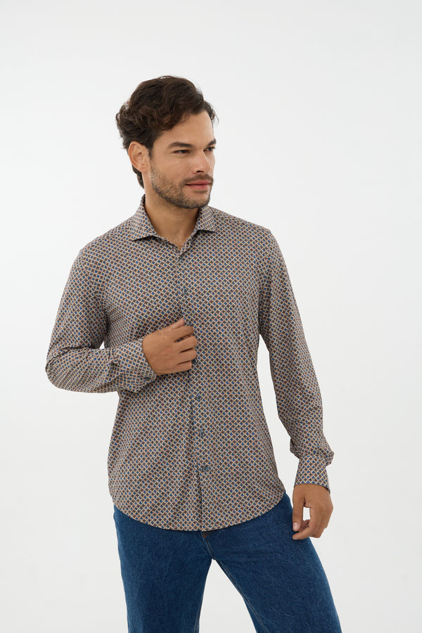 Leo Chevalier Iconic Stretch Brown Diamond Print Shirt