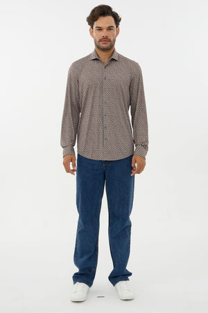 Chemise Leo Chevalier Iconic Stretch marron à imprimé losanges