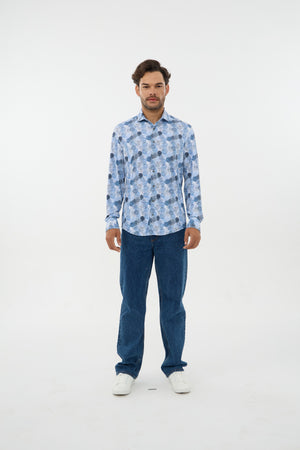 Chemise Leo Chevalier Iconic Stretch à imprimé bleu mélangé