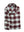 A folded long-sleeve plaid button-down shirt by Lee Chevalier, featuring a burgundy, light blue, and white check pattern with silver-tone skull-shaped buttons, laid flat on a textured green carpet.