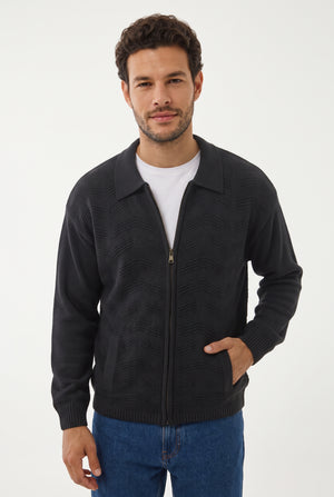 Léo - Veste zippée pour homme en coton et acrylique texturé avec col polo