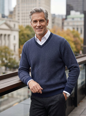 Leo Chevalier V neck Birdseye Blue Sweater