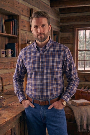 Viyella Chambray Blue and Brown Plaid Made in Canada Shirt